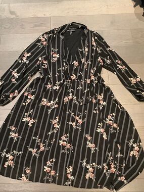 Love & Legend Black Floral Stripe Wrap Dress with Blush Accents